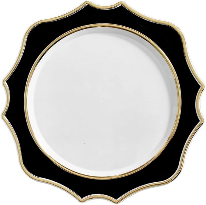 " OCCASIONS " 40 Pieces 13.25'' Scalloped Disposable/Reusable Plastic Charger Plates for Wedding, (Scalloped Imperial Black & Gold)