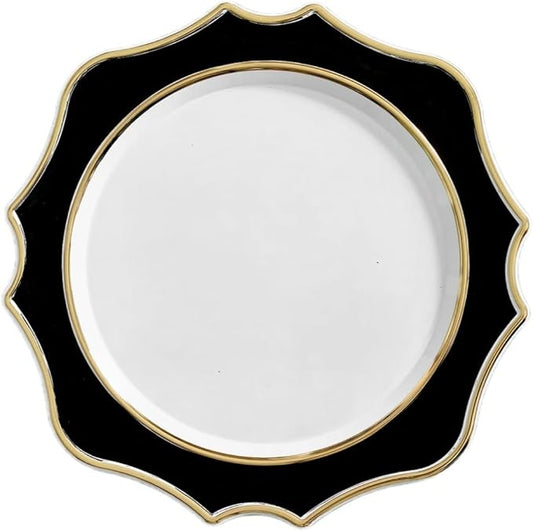 " OCCASIONS " 20 Pieces 13.25'' Scalloped Disposable/Reusable Plastic Charger Plates for Wedding, (Scalloped Imperial Black & Gold)