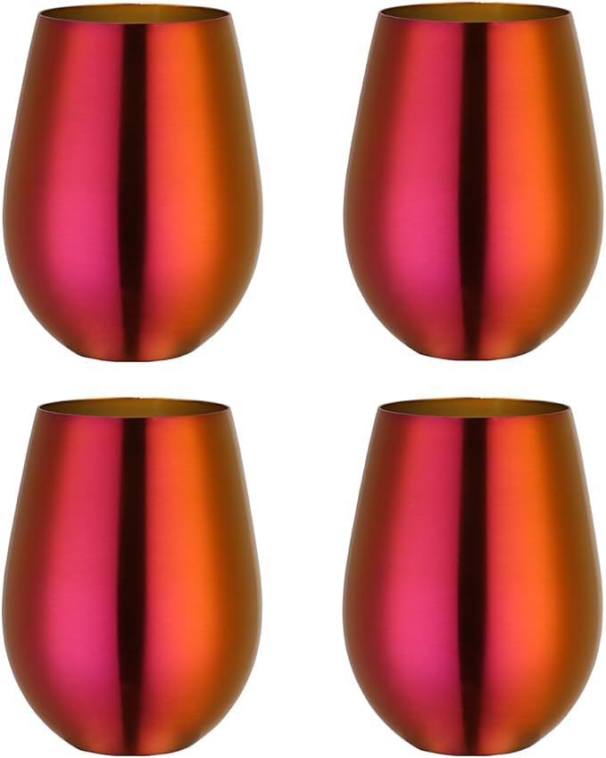 Buyer Star 304 Stainless Steel Wine Glasses Set of 4 - Large 17 oz Outdoor Stemless Wine Tumblers - 100% Unbreakable & Stemless Metal Drinking Cups for Home and Outdoors Dishwasher safe (Orange Red)