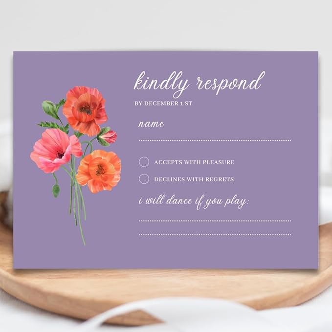 Personalized Wedding RSVP Cards On Glossy Thick Card With Envelope, Personalized Reponse, 5 x 3.5 Inches, Set of 15 Custom Cards with White Envelopes (Purple)