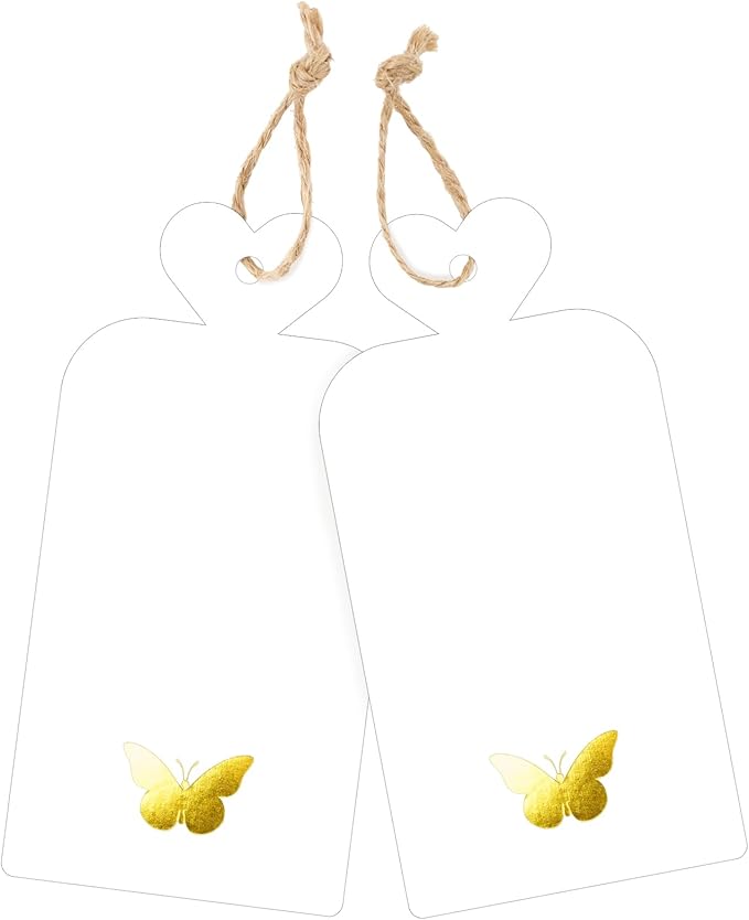 joycraft 100Pcs Gift Tags with String, 4x2 in Blank Tags with Gold Foil Butterfly, White Paper Labels for Birthday, Wedding, Baby Shower, Valentine’ s Day, Christmas