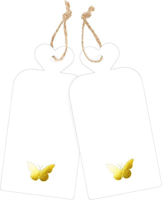 joycraft 100Pcs Gift Tags with String, 4x2 in Blank Tags with Gold Foil Butterfly, White Paper Labels for Birthday, Wedding, Baby Shower, Valentine’ s Day, Christmas