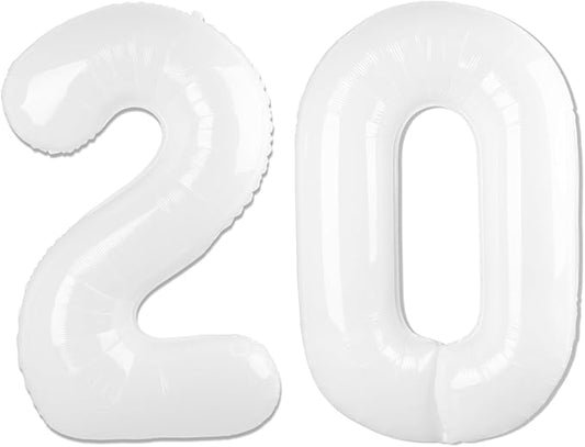 White Number 20 Balloon 40 inch, 20 Number Balloons, 20th White Birthday Decorations for Girls Boys 20 Year Old Party Supplies