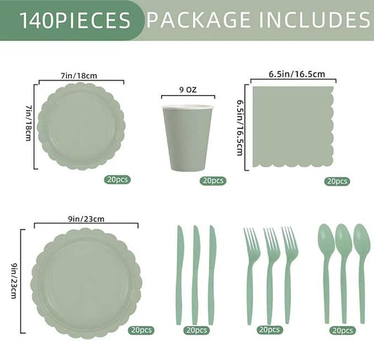 140Pcs Sage Green Paper Plates and Napkins, Sage Green Party Supplies Include Green Scalloped Plate Paper Napkin Cup Plastic Cutlery for Baby Shower, Wedding, Birthday