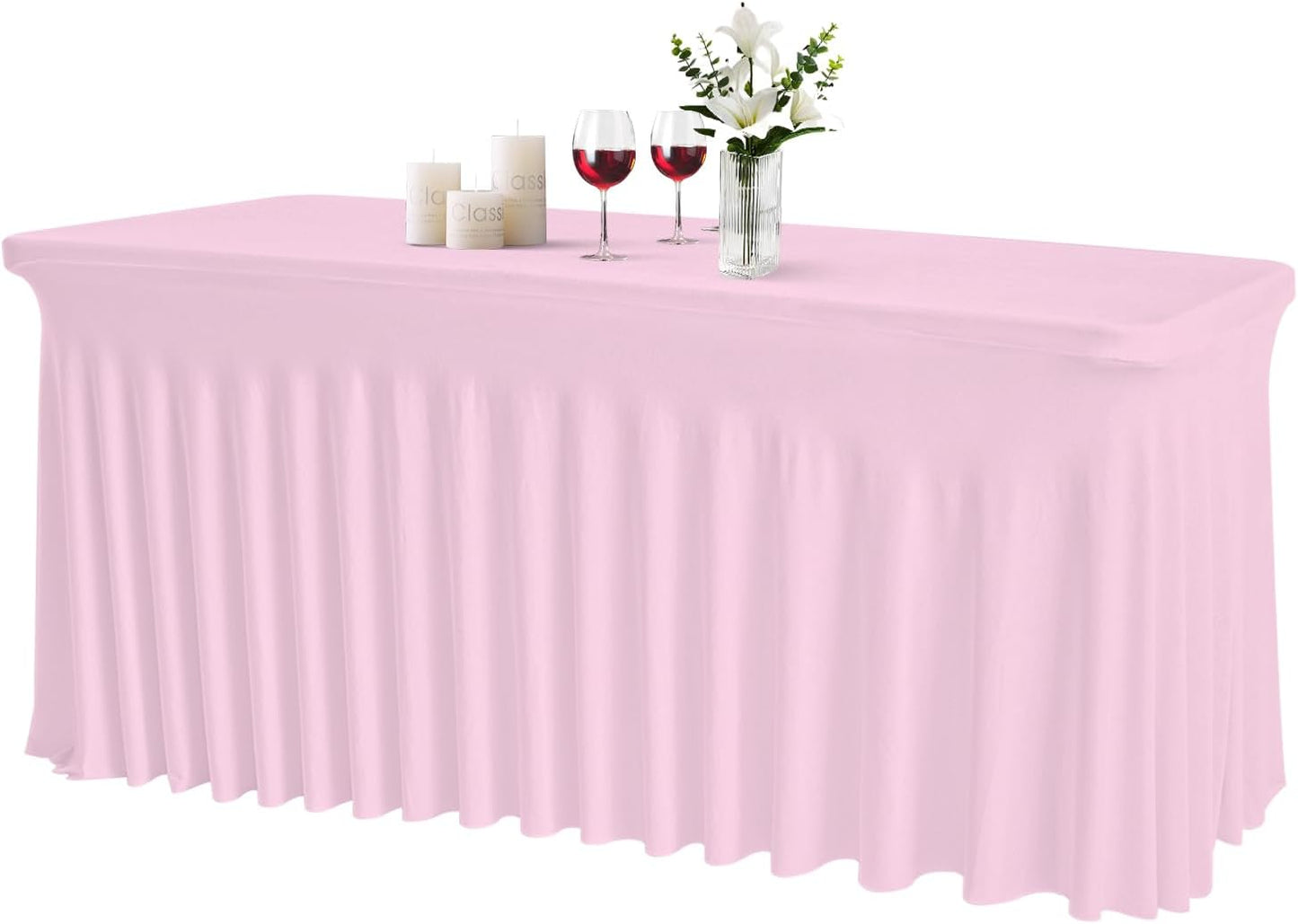 JCJ Table Skirt for Rectangle Tables Spandex Fitted Pink Tablecloths for 6FT Tables, Wrinkle Resistant Ruffles Elastic Table Cover Skirts for Teacher Desk Weddings Banquets Parties