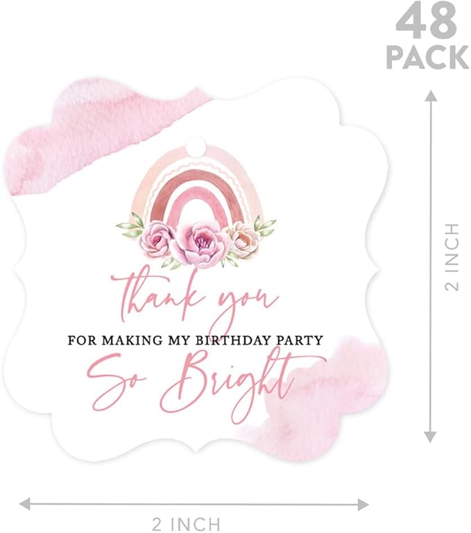Andaz Press Fancy Frame Kids Party Favor Thank You Tags with String, 48-Pack Floral Rainbow Birthday Gift Tags for Gift Bags, Favor Bags, Goody Bags, Girls Boho Birthday, 1st Birthday Party Favors