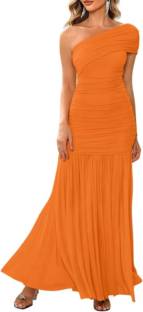LAGSHIAN Women's Elegant Formal Long Dress One Shoulder Sleeveless Ruched Bodycon Evening Dress