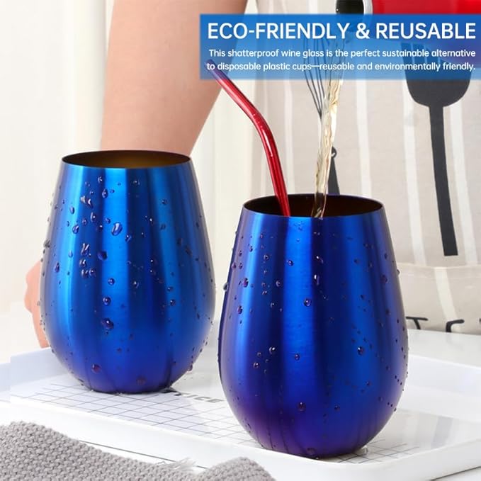 Buyer Star 304 Stainless Steel Wine Glasses Set of 4 - Large 17 oz Outdoor Stemless Wine Tumblers - 100% Unbreakable & Stemless Metal Drinking Cups for Home and Outdoors Dishwasher safe (Blue)
