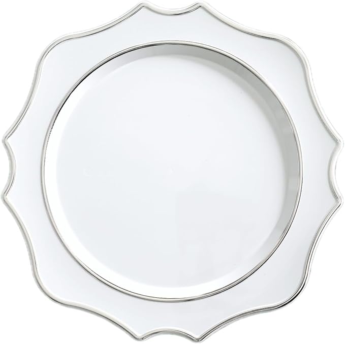 " OCCASIONS " 10 Pieces 13.25'' Scalloped Disposable/Reusable Plastic Charger Plates for Wedding, (Scalloped Imperial White & Silver)