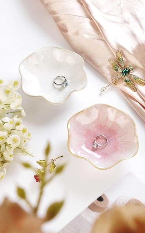 2PCS Lotus Leaf Shape Ring Holder Dish, Small Key Bowl, Ceramic Trinket Tray Jewelry Dish Organizing Necklace Earrings for Mom Friend Sister, All Jewelries Are NOT Included. White +Pink.…