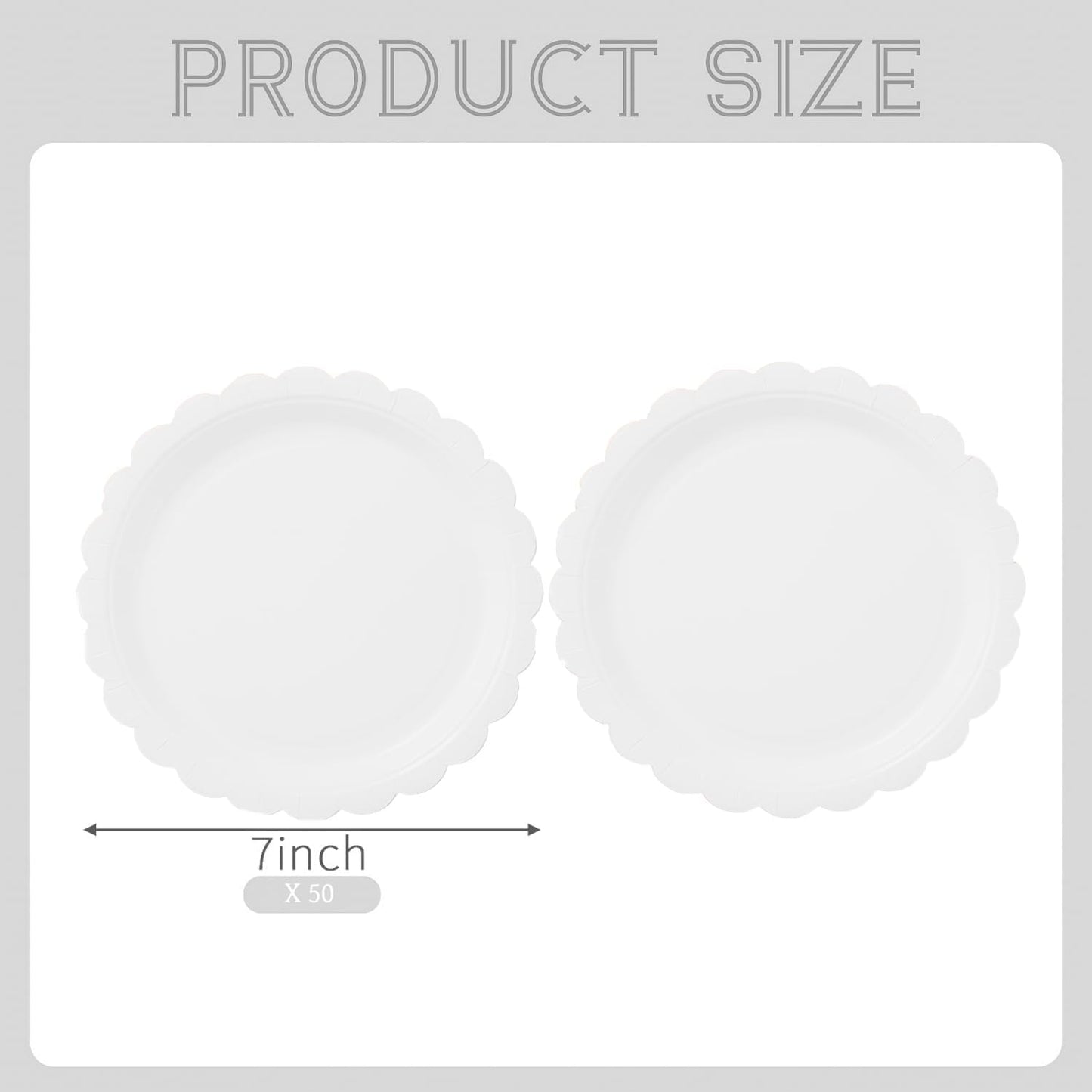 BEFORYOU 50PCS Scalloped Disposable Paper Plates Dessert Cake Party Plates for Baby Shower, Wedding,Bridal Shower Birthday Party Supplies (White, 7IN)