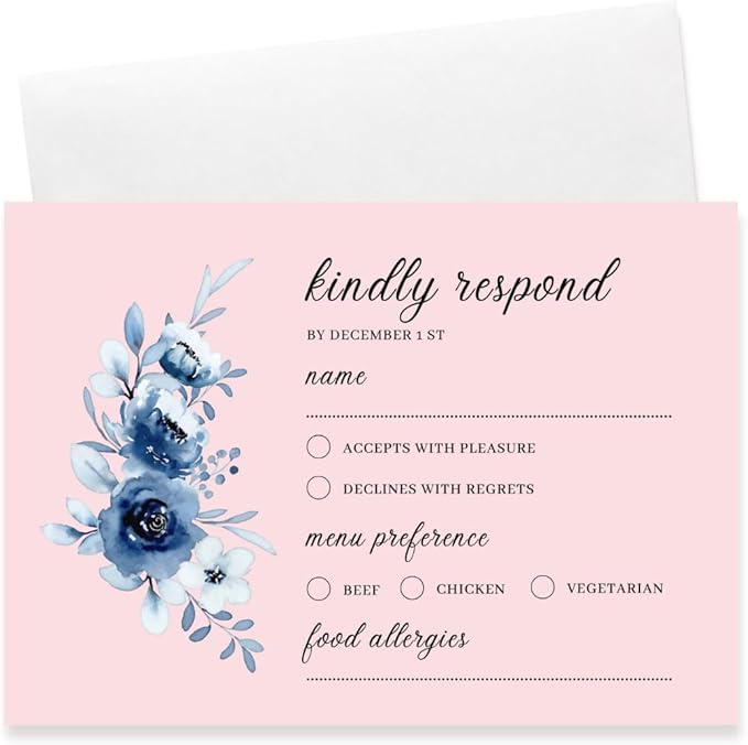 crafty-bell Glossy Finish Personalized Wedding RSVP Response Cards with White Envelopes, Blue Floral Design, 15 Count Respond Cards in Glossy Finish (Pink)