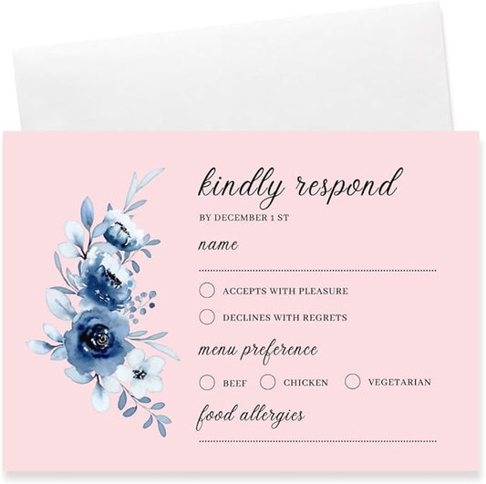 crafty-bell Glossy Finish Personalized Wedding RSVP Response Cards with White Envelopes, Blue Floral Design, 15 Count Respond Cards in Glossy Finish (Pink)