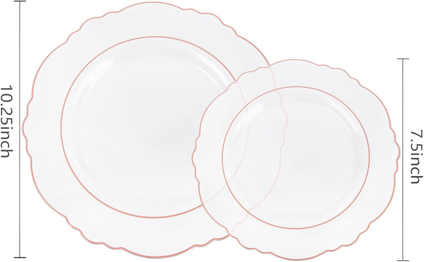 WDF 100pcs Rose Gold Plates Plastic Disposable - Baroque Clear and Rose Gold Plates for Parties or Weddings including 50PCS Dinner Plates 10.25’’ and 50PCS Salad Plates 7.5’’
