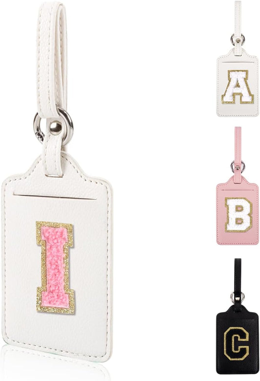 Personalized Initial Luggage Tags for Suitcases, Leather Chenille Letter Cute Luggage Tags with Privacy Name Card, Embroidered Travel Bag Backpack Tags Gifts for Women Kids Girls Teens(White-I)