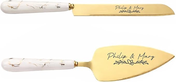 Personalized Gold Wedding Cake Knife and Server Set - Engraved Stainless Steel Cake Pie Pastry Servers Cutting Cutter Set with Marble Pattern, Elegant Gift for Wedding Anniversary Birthday Christmas
