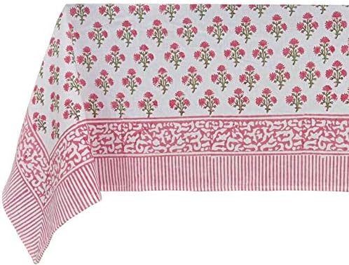 ATOSII Gulbahar White Pink 100% Cotton Fall Rectangle Tablecloth, Hand Block Print Washable Table Cover, Christmas Parties Buffet Dining, Weddings, Thanksgiving, Easter Decor 72 X 140 Inches 12 Seater