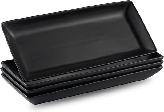 Gomakren Black Serving Platter Set of 4 Porcelain Serving Plates Rectangular Halloween Serving Dishes and Platters Serving Trays for Party Appetizer Sushi, 10 Inch Black Serveware Thanksgiving Gifts