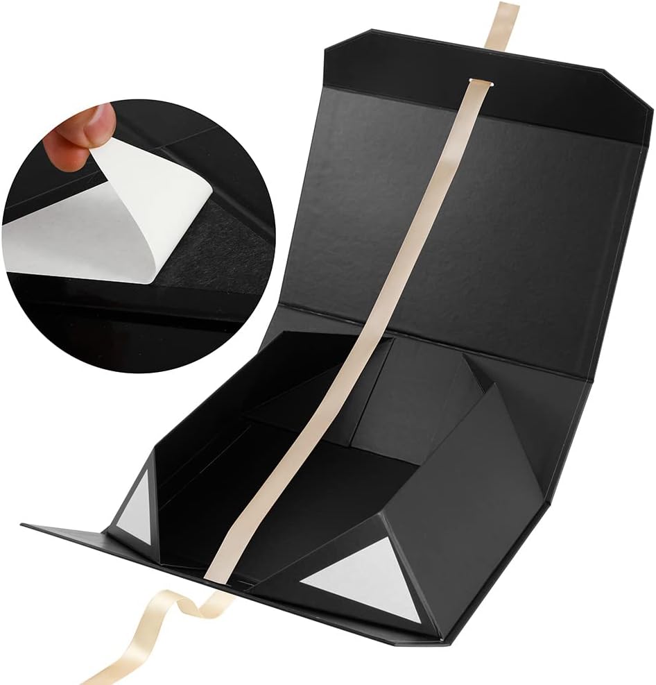 Large Black Gift Box With Ribbon and Magnetic Closure Lid, 12x8x4.5 Inches - Bridesmaid Proposal Box for Festival (Matte Black)