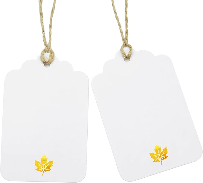 ASYEHJNR 100 Pcs Blank Gift Tags with String Gold Foil Maple Leaf Fall Large Gift Tags with 65 Ft Jute Twine White Paper Cute Tags for Fall Autumn Thanksgiving Harvest Party Gift Wrap Tags