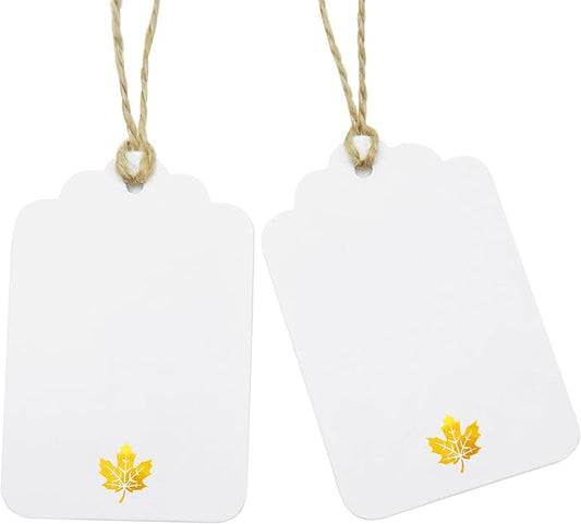ASYEHJNR 100 Pcs Blank Gift Tags with String Gold Foil Maple Leaf Fall Large Gift Tags with 65 Ft Jute Twine White Paper Cute Tags for Fall Autumn Thanksgiving Harvest Party Gift Wrap Tags