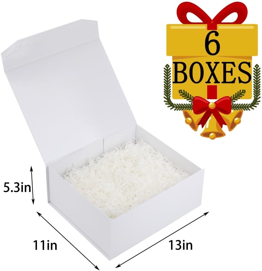 6 Pcs White Gift Box Large 13x11x5.3 Inch Magnetic Gift Boxes with Crinkle Paper White Large Gift Box with Shredded Paper Luxury Gift Boxes with Lids for Presents