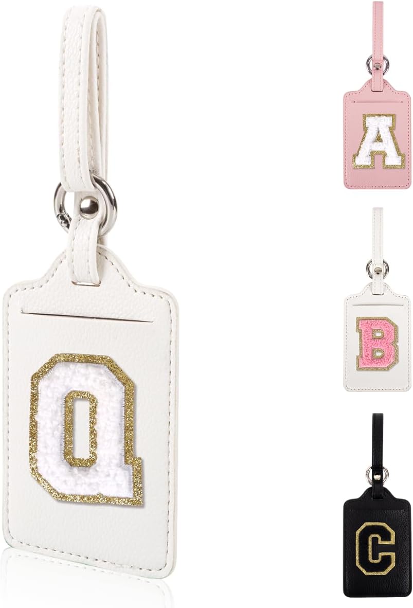 Personalized Initial Luggage Tags for Suitcases, Leather Chenille Letter Cute Luggage Tags with Privacy Name Card, Embroidered Travel Bag Backpack Tags Gifts for Women Kids Girls Teens(White-Q)