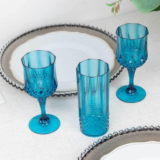 Efavormart 6 Pack Ocean Blue Crystal Cut Reusable Plastic Highball Drink Glasses, Shatterproof Tall Cocktail Tumbler Cups - 14oz