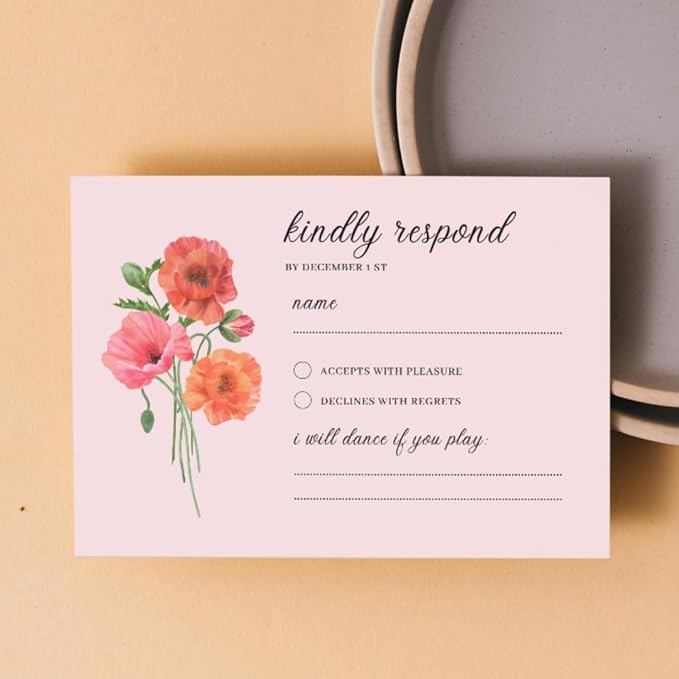 Personalized Wedding RSVP Cards On Glossy Thick Card With Envelope, Personalized Reponse, 5 x 3.5 Inches, Set of 15 Custom Cards with White Envelopes (Pink)