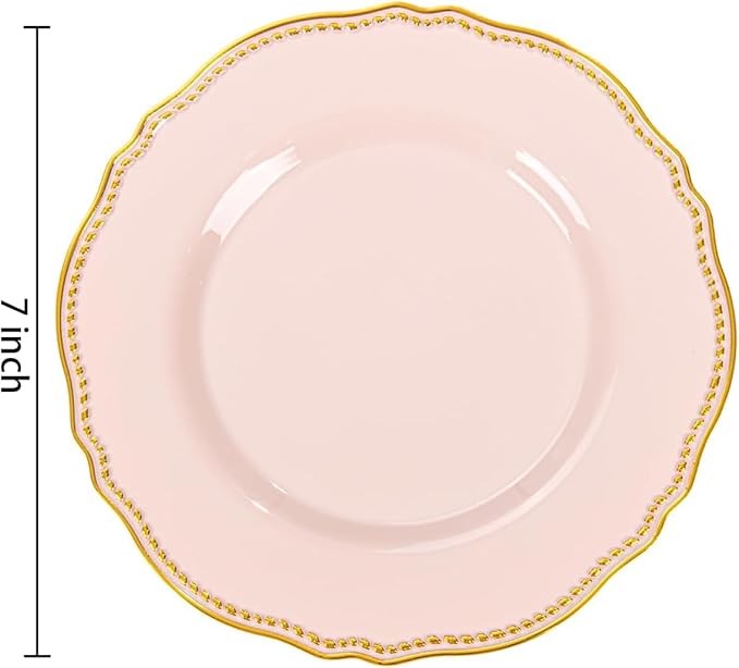 Hioasis 60pcs Pink Plastic Plates - Pink and Gold Disposable Dinnerware with Gold Rim, Heavy-duty, 7 inch, Dessert Plates for Party & Easter