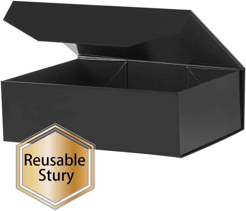 2 Black Large Collapsible Gift Box with Lid 13x9x4 Inches, Bridesmaid Proposal Box, Hard Box with Magnetic Closure, Groomsman Box Reusable Gift Box for Clothes (Glossy Black)