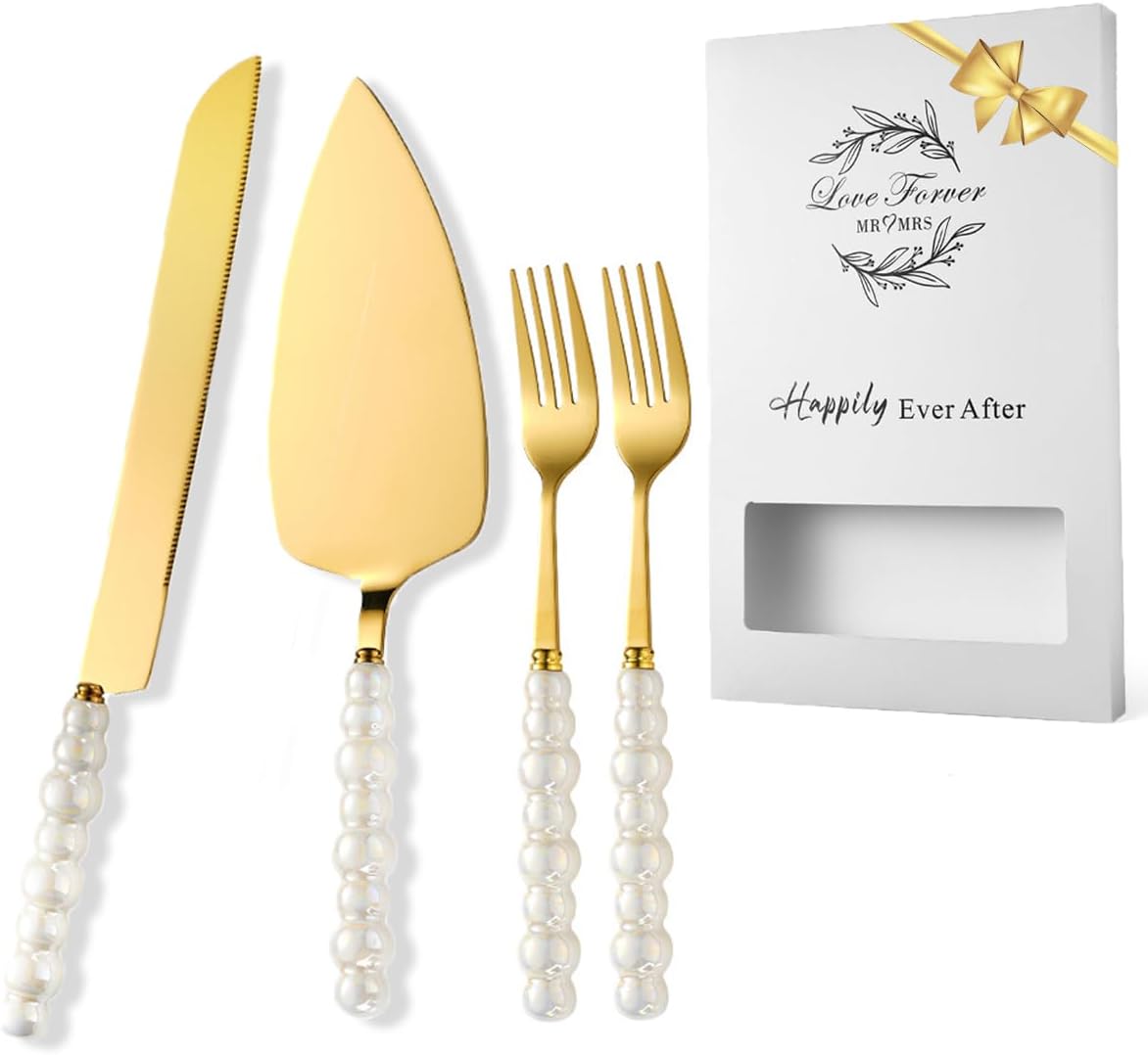 4 Pcs Wedding Cake Knife and Server Set, Ceramic Pearl Handle Cake Cutting Set for Wedding, Stainless Steel Pie Cutter, Bridal Shower Gifts, Engagement Gift for Couples (Gold)