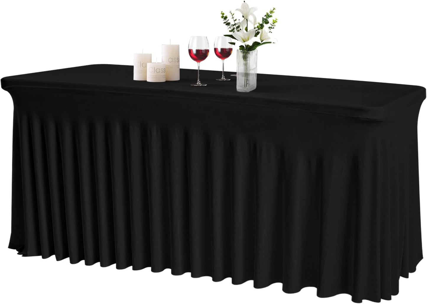 JCJ Table Skirt for Rectangle Tables Spandex Fitted Black Tablecloths for 6FT Tables, Wrinkle Resistant Ruffles Elastic Table Cover Skirts for Teacher Desk Weddings Banquets Parties