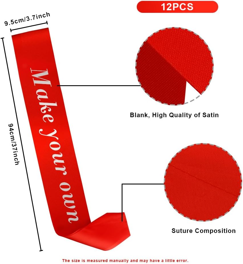 12pcs Red Sash for Bride, Bachelorette, Prom Queen, Pageant & Party Decor