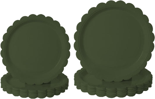 BEFORYOU 50PCS Scalloped Disposable Paper Plates 9IN Dessert Cake Party Plates for Baby Shower, Wedding,Bridal Shower Birthday Party Supplies (Olive-Green, 7IN and 9IN)