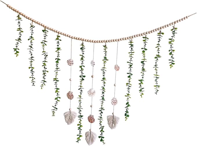 Generic Artificial Eucalyptus Wooden Bead Garland Hanging Vine Wall Decor with Pastoral Style Leaves and Sturdy Beads for Wedding Bedroom Home Decoration