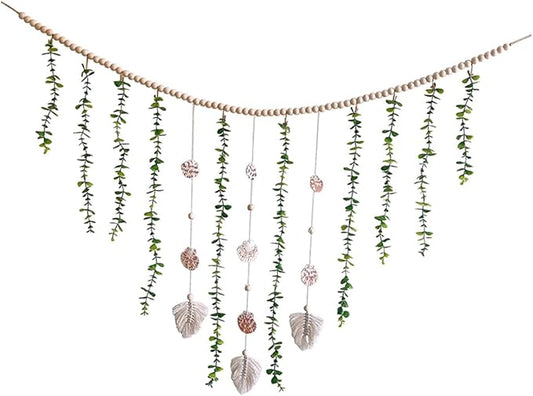 Generic Artificial Eucalyptus Wooden Bead Garland Hanging Vine Wall Decor with Pastoral Style Leaves and Sturdy Beads for Wedding Bedroom Home Decoration
