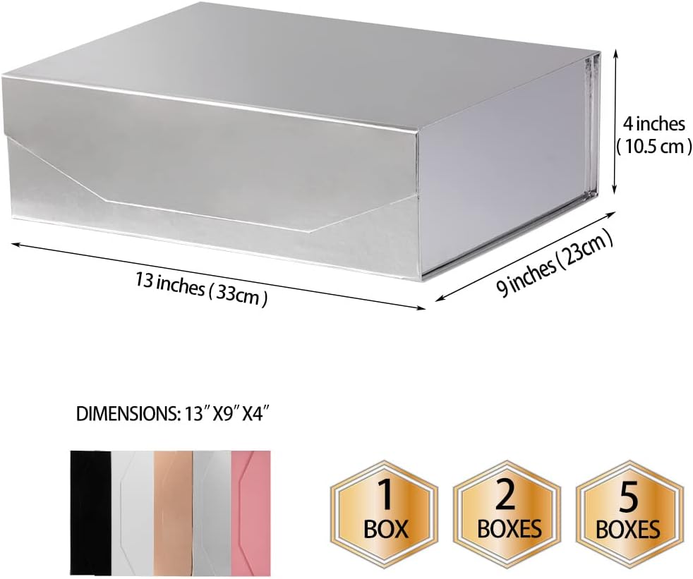 2 Silver Large Gift Box with Lid 13x9x4 Inches, Bridesmaid Proposal Box, Groomsman Box Reusable Gift Box for Clothes (Glossy Silver),1 Count (Pack of 2)