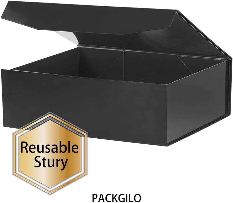 Black Extra Large Gift Box with Lid 4 Pcs 16.5 x 13 x 5.3 Inches, Gift Box large Black Gift Boxes for Presents Clothes Robe Wedding Dress Sweater,Reusable Foldable Bridesmaid Proposal Box（Glossy）