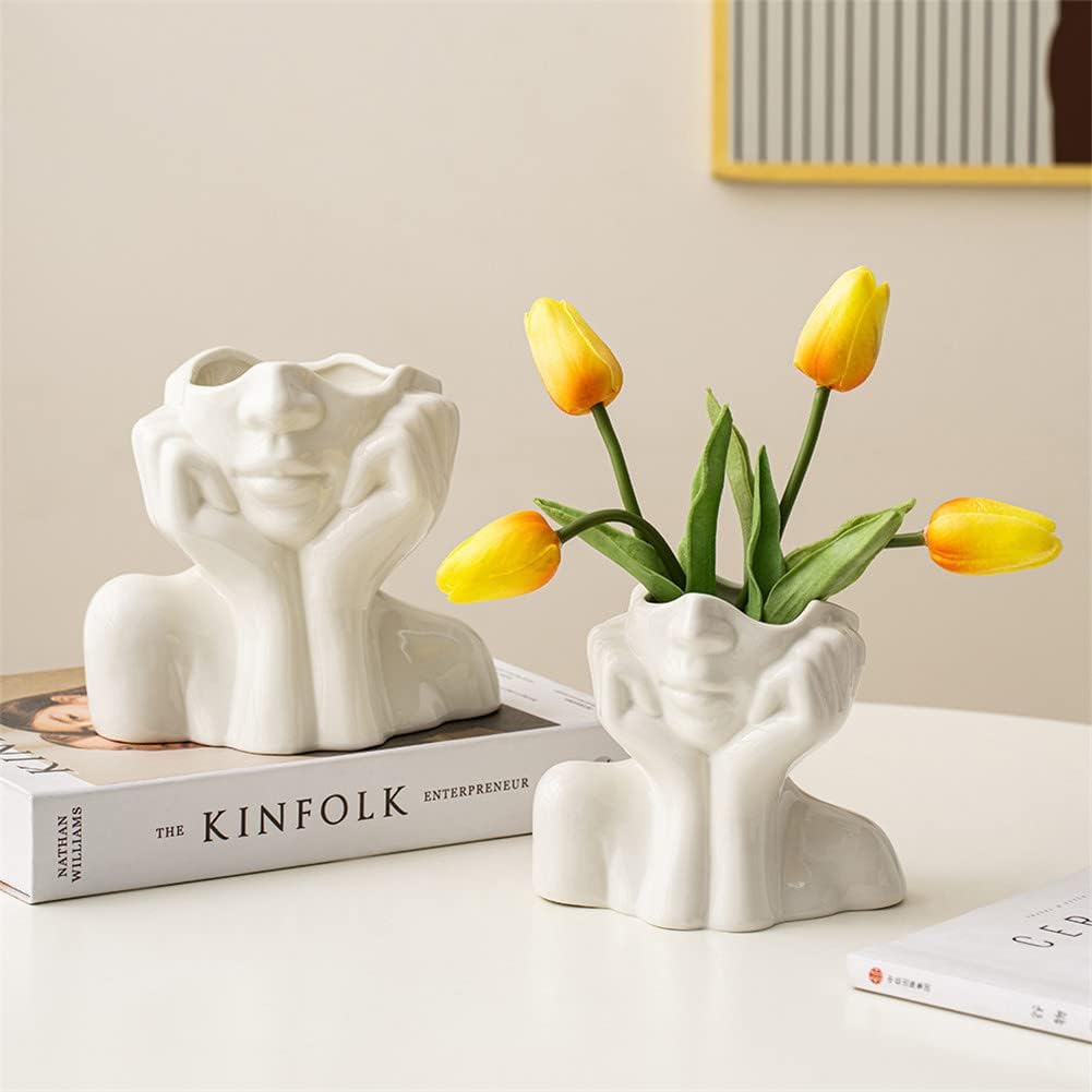 White Ceramic Face Vase, Female Form Head Half Body Bust Vases Boho Feminist Minimalism Decorative Modern Nordic Style Flower Vase for Home Living Room Office Book Shelf Decor (Large)