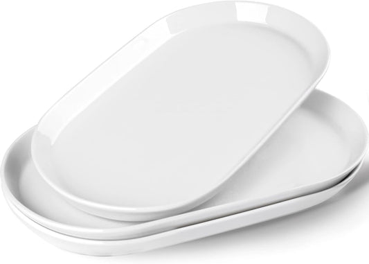 14" Oval Serving Platter - Ceramic Large Serving Platters, Oval Serving Plates For Entertaining, Party Serving Trays Oven Safe, Set of 3, White