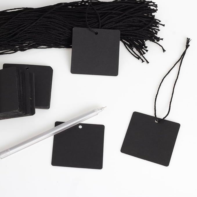 200PCS Paper Gift Tags with Free 200PCS Black Cotton Strings,Blank hangtags for DIY Arts and Crafts Wedding Holiday Present(Black)