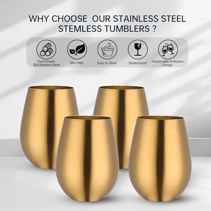 Buyer Star 304 Stainless Steel Wine Glasses Set of 4 - Large 17 oz Outdoor Stemless Wine Tumblers - 100% Unbreakable & Stemless Metal Drinking Cups for Home and Outdoors Dishwasher safe (Gold)