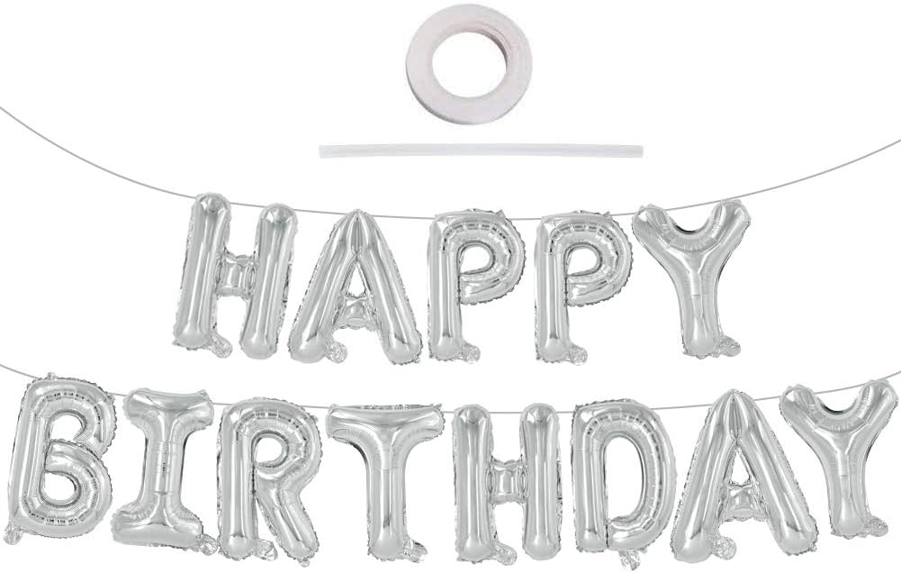TONIFUL Silver Happy Birthday Balloons Banner, 16 Inch Mylar Foil Letters Sign Bunting Reusable for Girls Boys Kids & Adults Birthday Decorations Party Supplies