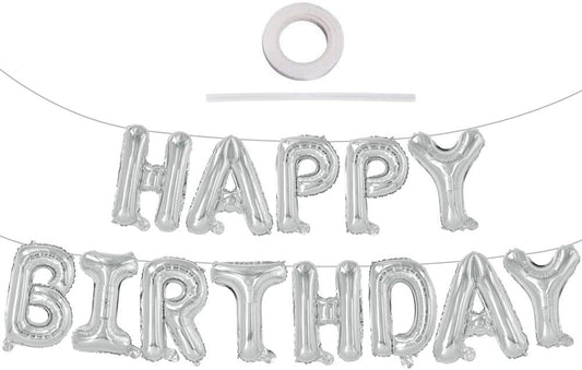TONIFUL Silver Happy Birthday Balloons Banner, 16 Inch Mylar Foil Letters Sign Bunting Reusable for Girls Boys Kids & Adults Birthday Decorations Party Supplies