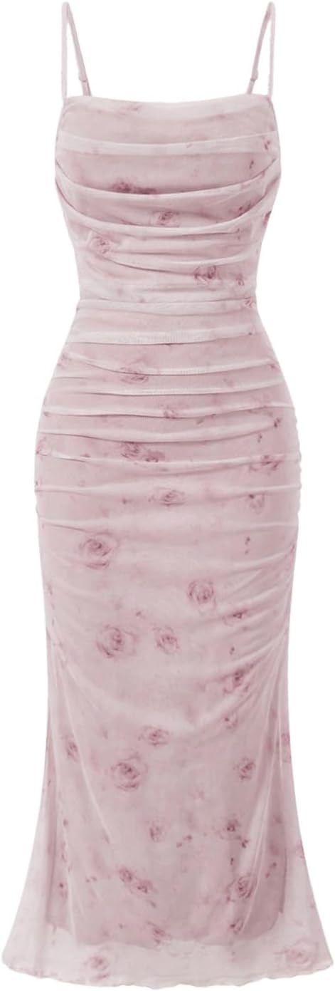 GORGLITTER Women's Floral Ruched Bodycon Midi Dress Mesh Sleeveless Fishtail Cami Dresses