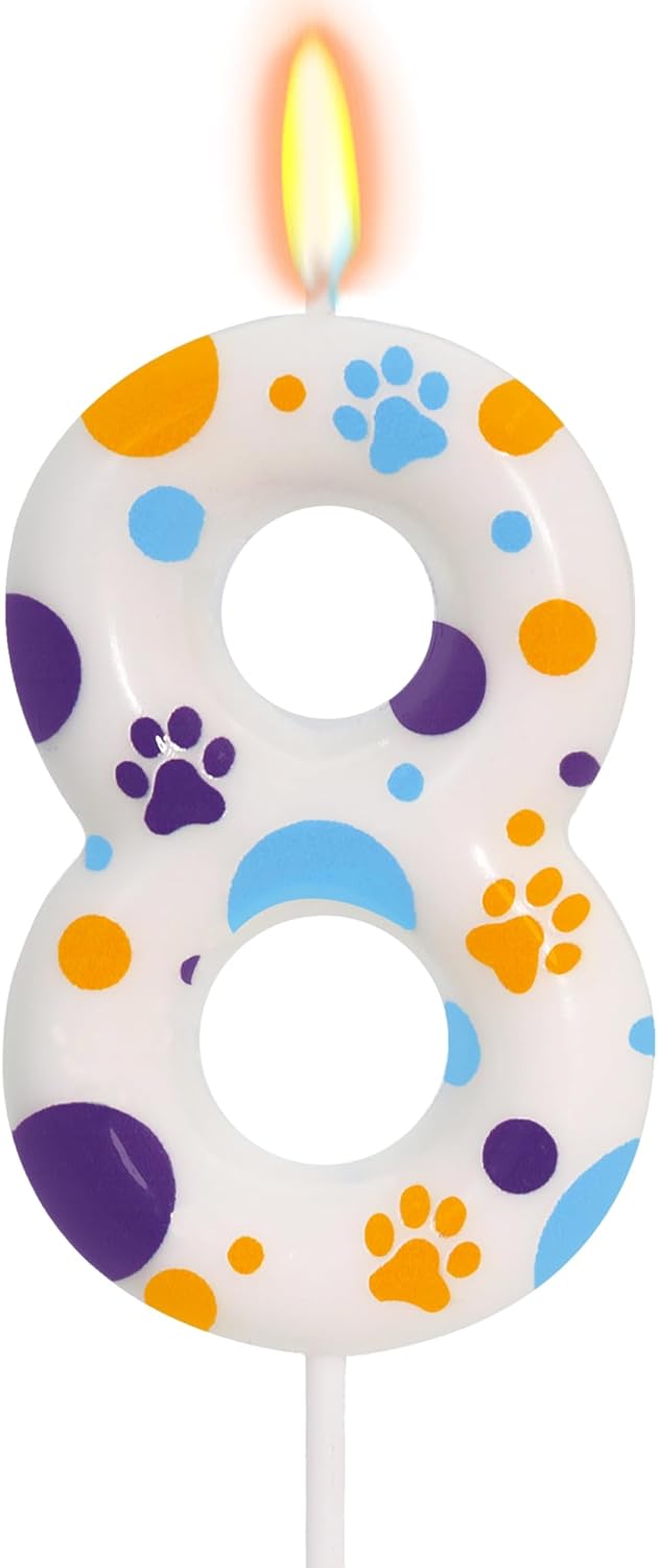 Blue Dog Paw Themed Birthday Candles, Number 8 Print Party Supplies, 2.76 Inch Cake Topper Decorations for Kids (Number 8)