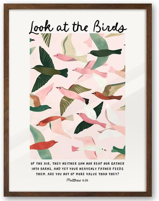 EcoHest Walnut Color OAK Wood Framed Wall Art, 12x16in Matthew 6 Look At the Birds of the Air Bible Verse Christian Wall Art, Modern Bedroom Decor For Living Room Bathroom Religious Gift 1Pack