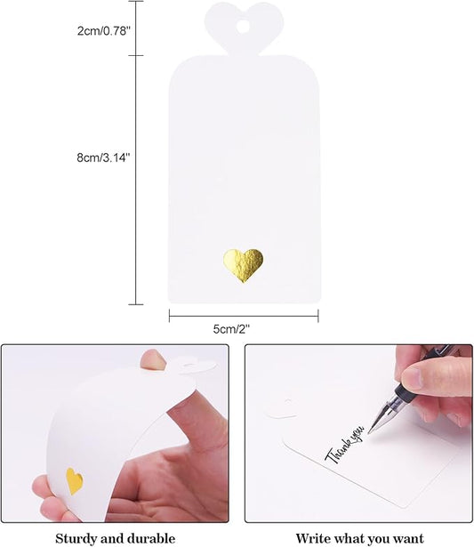 joycraft 100pcs Blank Gift Tags with String, 4x2 in White Paper Tags with Foil Gold Heart, Personalized Gift Wrapping Labels for Birthday, Baby Shower, Wedding, Valentine's Day