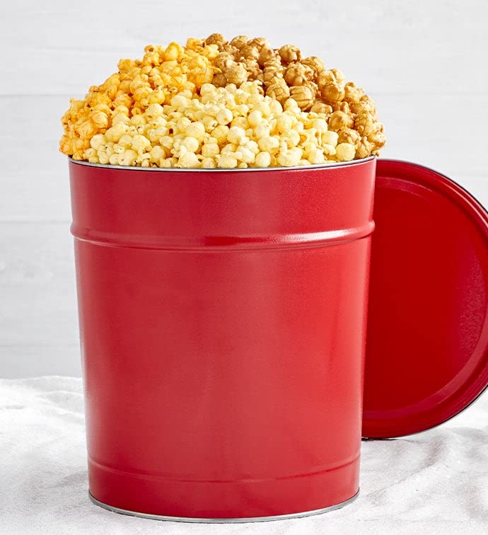 The Popcorn Factory Popcorn Gift Tin, Simply Red, 3.5 Gallons (Robust Cheddar, Butter, Caramel), Popcorn Lovers, Snack Gifts, Movie Night Snacks